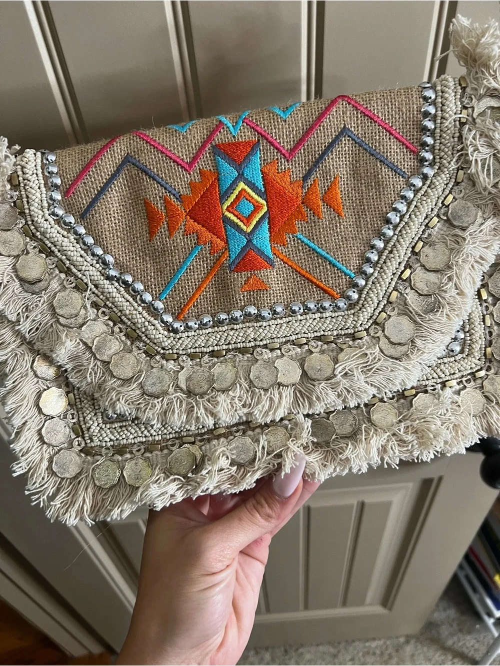 Boho Fringe Embroidered Crossbody Bag in Beige and Turquoise